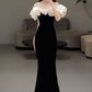 Black velvet off-the-shoulder ruffled neckline long mermaid slim elegant ball gown evening dress nv3180