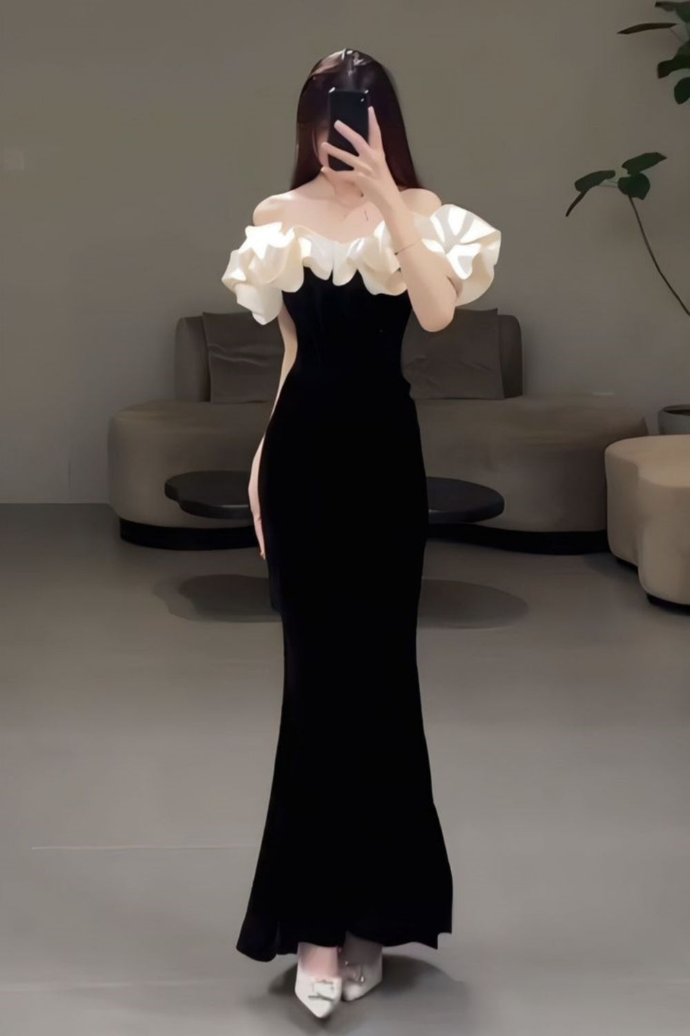 Black velvet off-the-shoulder ruffled neckline long mermaid slim elegant ball gown evening dress nv3180