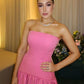 Pink solid color simple elegant pleated strapless tube top long ball gown evening dress party dress nv2489