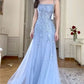 Blue lace embroidery long elegant tulle ball gown evening dress nv2982