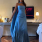 Blue Strapless Pleated A-Line Satin Long Ball Gown Party Dress Evening Gown nv2337