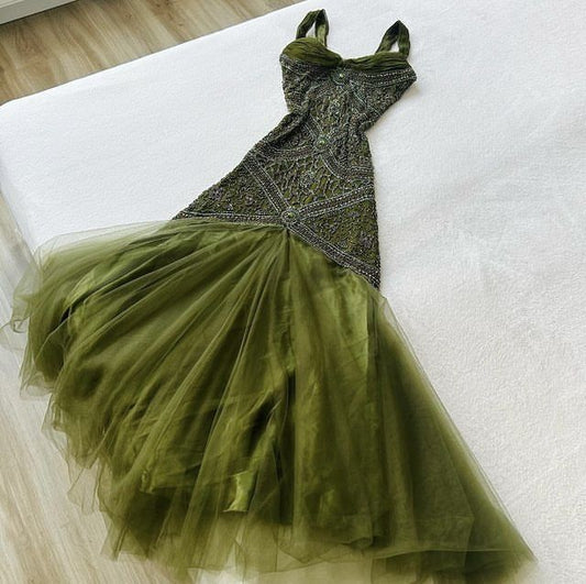 Robe de soirée longue en tulle et dentelle, élégante, vintage, verte, sans bretelles, nv3268