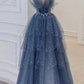 Blue gorgeous shiny elegant applique long tulle ball gown evening gown graduation dress nv55