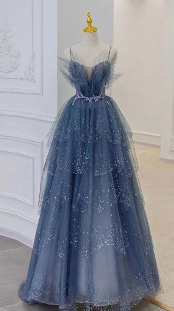 Robe de soirée longue en tulle bleu magnifique et brillante avec appliques élégantes nv55