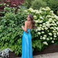 Blue Sexy Elegant Strapless Off-the-shoulder V-neck Long Prom Dress Evening Dress Party Dress with Ribbon nv2469