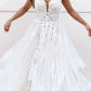 White Spaghetti Strap A-Line Lace Long Tulle Ball Gown Evening Gown Wedding Dress nv3477