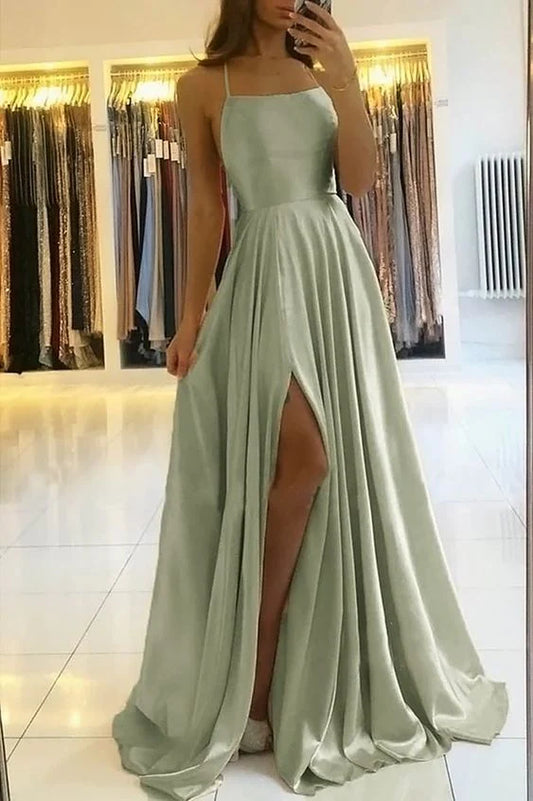 Sage Straps Long Prom Dress Front Split nv1550