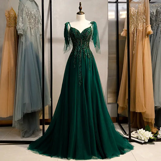 A-Line Off Shoulder Tulle Lace Dark green Long Prom Dress Long Evening Dress nv1648