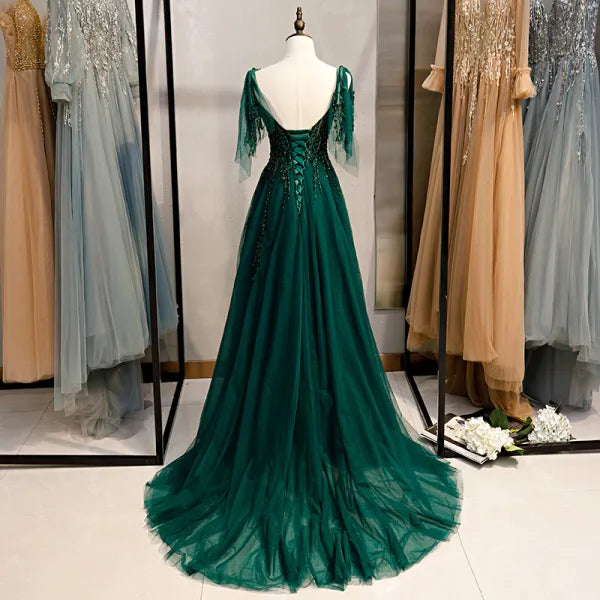 A-Line Off Shoulder Tulle Lace Dark green Long Prom Dress Long Evening Dress nv1648