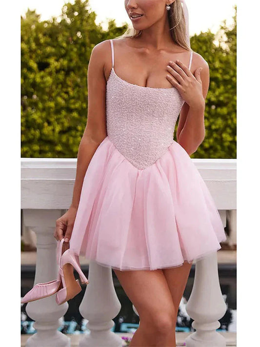 Cute Pink A-Line Spaghetti Strap Short Prom Homecoming Dress nv1766