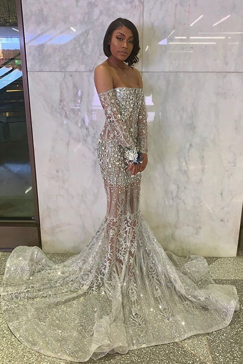 Silver Long Sleeve Off Shoulder Sequin Long Evening Dress Ball Gown Mermaid Slim Sexy Beaded Crystal nv3116