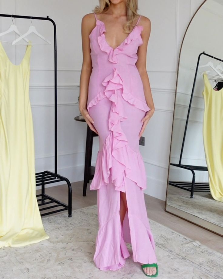 Pink Spaghetti Strap Ruffle Maxi Dress Long Party Dress Evening Dress nv2695