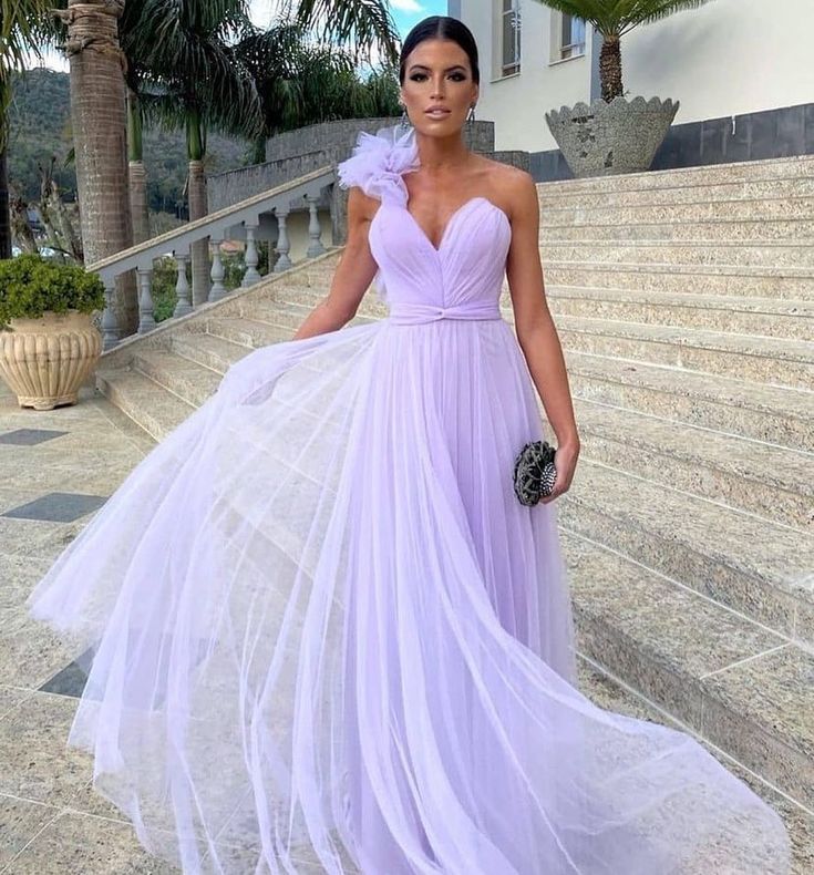 Light purple A-line floor-length tulle long ball gown evening gown bridesmaid dress nv11