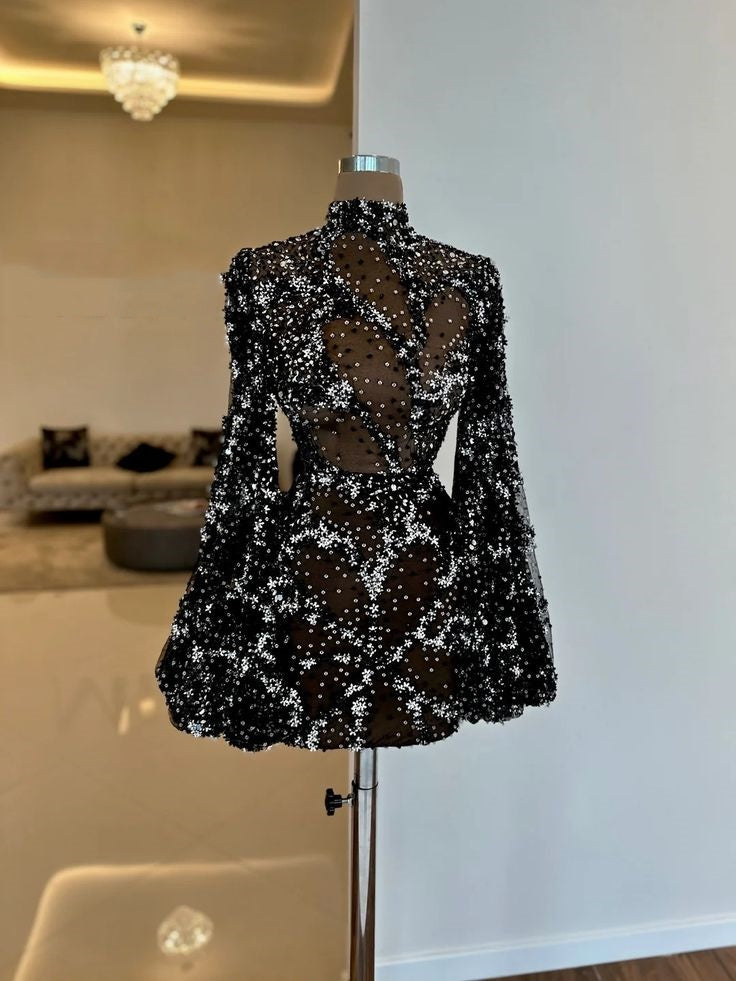 Robe de soirée noire magnifique et unique à paillettes brillantes, à manches courtes et longues, transparente, robe de bal, robe de soirée nv3232