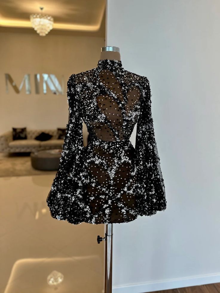 Robe de soirée noire magnifique et unique à paillettes brillantes, à manches courtes et longues, transparente, robe de bal, robe de soirée nv3232