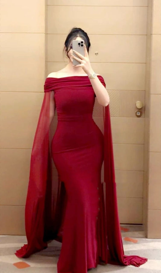 Red simple elegant charming one shoulder off shoulder fashionable long dress ball gown evening dress party dress nv2506