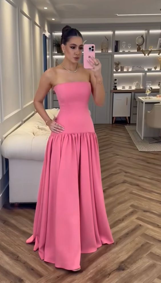 Pink solid color simple elegant pleated strapless tube top long ball gown evening dress party dress nv2489