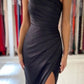 Stunning Satin Long Prom Dress Side Slit Evening Dress Blacknv1613