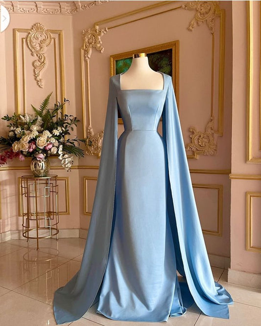 Blue simple elegant long sleeves long satin ball gown evening dress nv3130