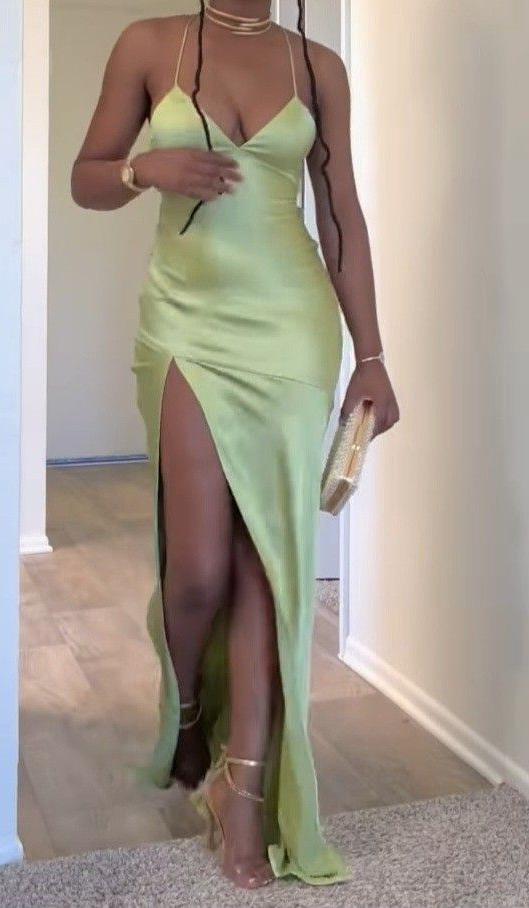 Green Simple Sexy Satin Long Slit Prom Dress Evening Gown Party Dress nv2343