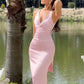 Robe de soirée longue rose simple et élégante à col en V et bretelles larges nv2404