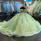 Robe de soirée élégante à manches courtes en tulle vert brillant avec appliques, robe de Quinceanera nv3273