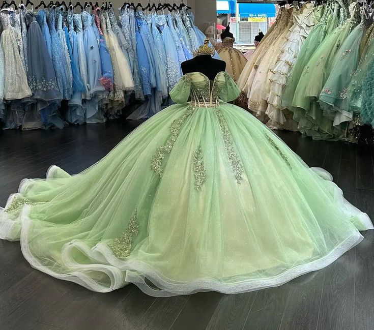 Robe de soirée élégante à manches courtes en tulle vert brillant avec appliques, robe de Quinceanera nv3273