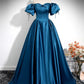 Peacock Blue A-line Puff Sleeve Satin Long Ball Gown Evening Dress nv2042