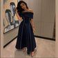 Blue simple elegant short-sleeved one-shoulder pleated long ball gown evening dress party dress nv2521