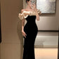 Black velvet off-the-shoulder ruffled neckline long mermaid slim elegant ball gown evening dress nv3180