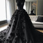 Robe de soirée longue en tulle à col en V noir avec appliques florales exquises nv3361