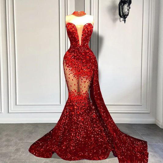 Robe de soirée sexy en tulle à paillettes brillantes et magnifiques, décolleté en V profond sur le côté, longue fente traînante, robe de bal, robe de soirée nv3258