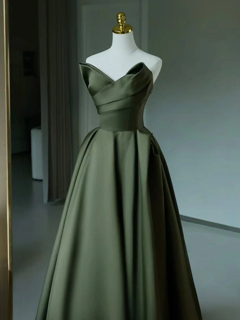 A-Line V Neck Satin Green Long Prom Dress, Green Long Evening Dress nv1604