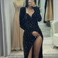 Black V-neck long sleeve shiny sequins long sexy high slit prom dress evening dress party dress nv3141