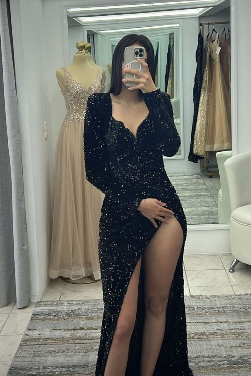 Black V-neck long sleeve shiny sequins long sexy high slit prom dress evening dress party dress nv3141