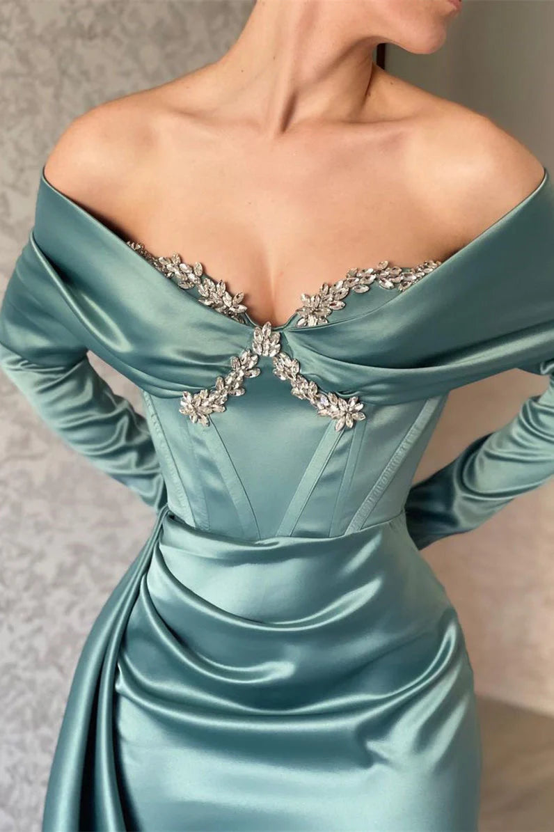 Unique Off Shoulder Long Sleeve Glitter Mermaid Prom Dress Long Sleeve Beaded Ball Party Dress nv1975