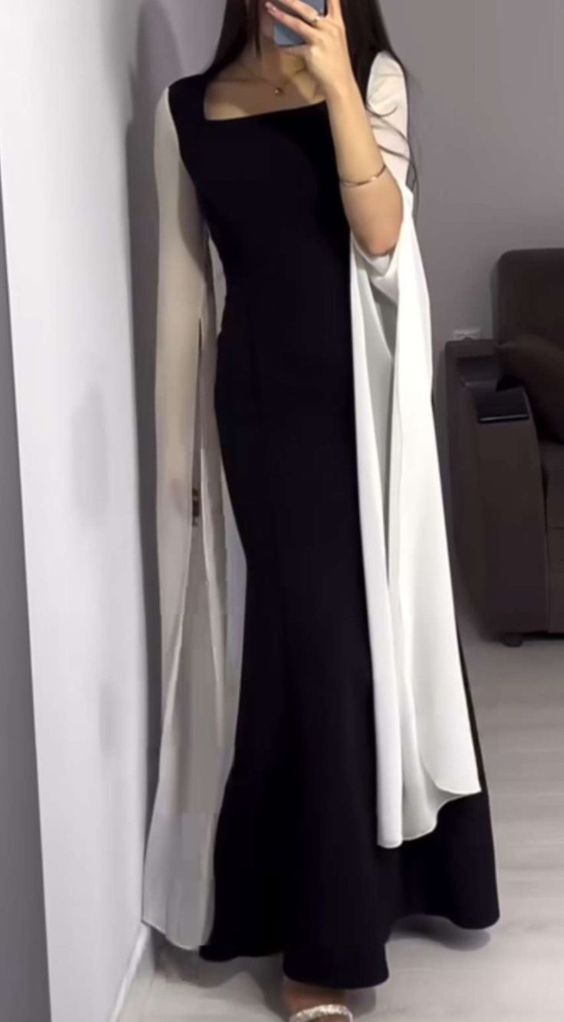 Black and white simple elegant white long tulle sleeves long ball gown evening dress party dress nv2439