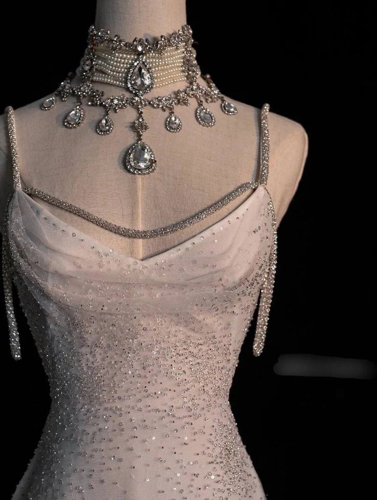 Robe de soirée longue à bretelles en strass blanc et paillettes brillantes, à la mode et élégante, robe de fiançailles nv3128