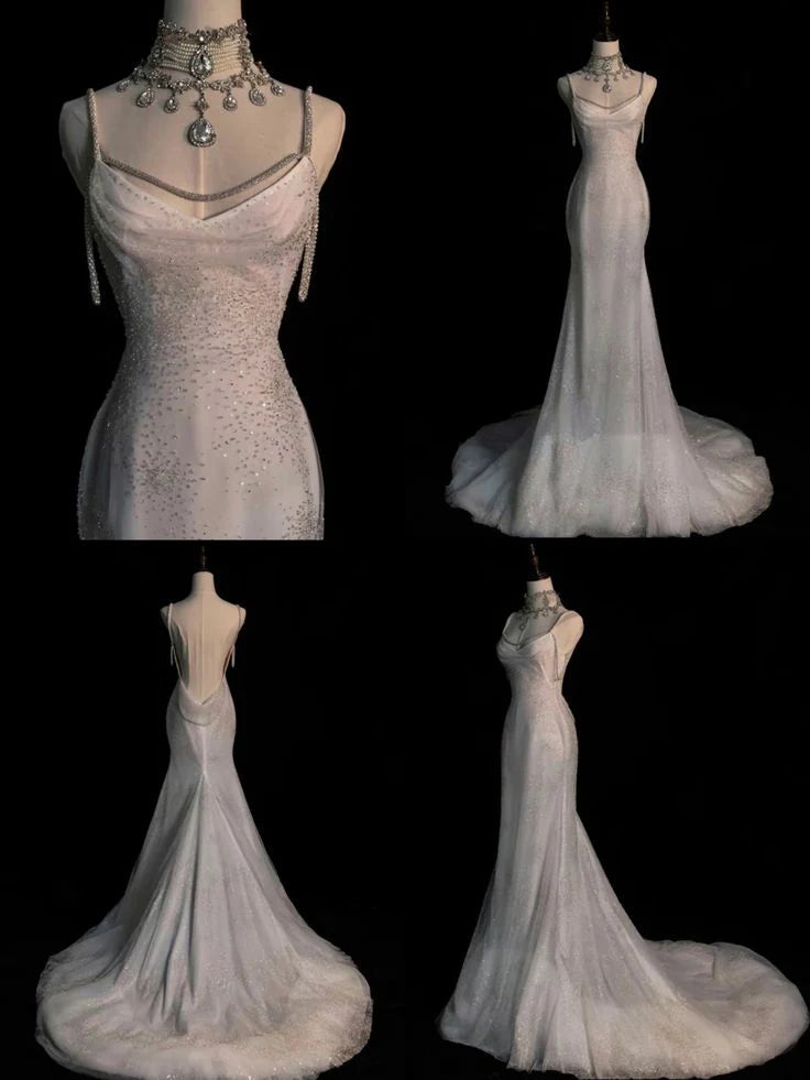 Robe de soirée longue à bretelles en strass blanc et paillettes brillantes, à la mode et élégante, robe de fiançailles nv3128