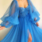 Purple elegant flowing puff sleeve tulle long formal prom dress evening gown party dress nv104