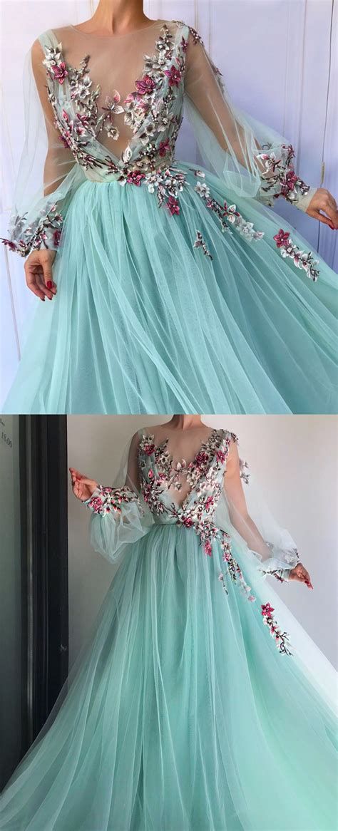 Turquoise Ball Gown Applique Lace Long Sleeve A-Line Floor Length Fairy Evening Gown nv2896