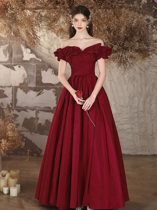 A-Line Off Shoulder Satin Burgundy Long Prom Dress, Burgundy Long Formal Dress nv1605