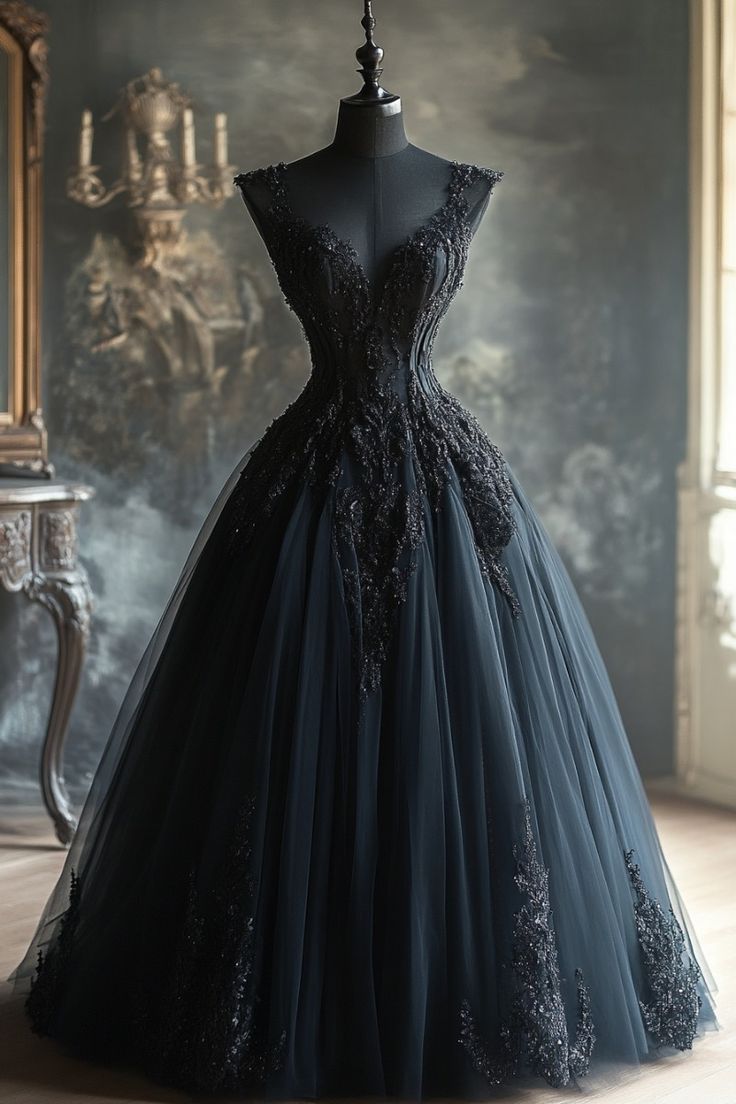 Black gorgeous elegant exquisite beaded applique lace long tulle ball gown evening gown wedding dress nv3389