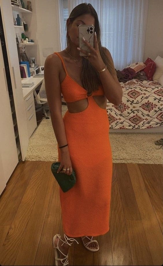 Orange Fashion Simple Hollow Waist-revealing Long Ball Gown Evening Gown Party Dress nv2392