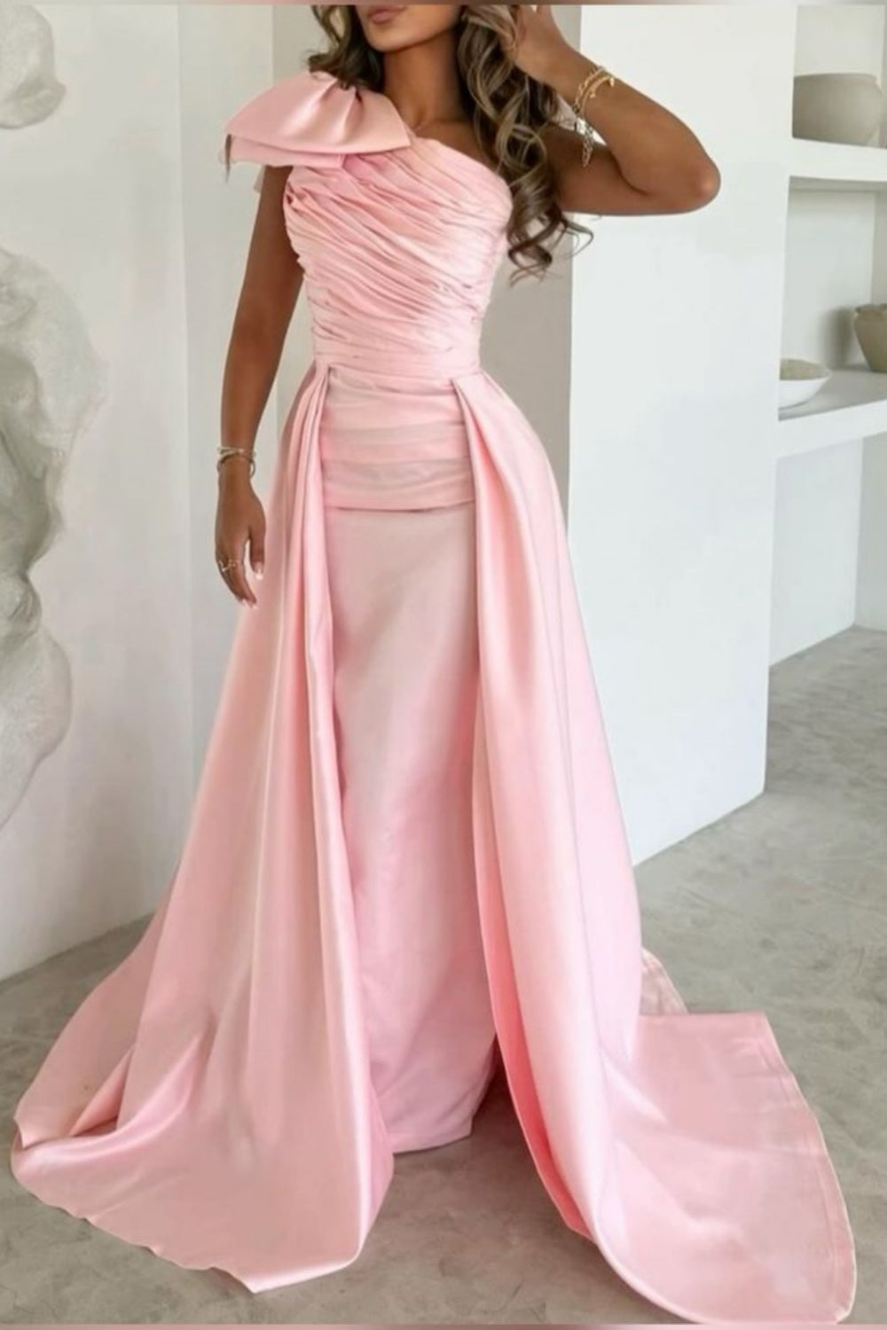 Pink One Shoulder Fashion Elegant Long Satin Ball Gown Evening Dress nv3139