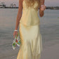 Yellow stylish elegant two-piece long satin ball gown evening dress seaside holiday party dress nv3596