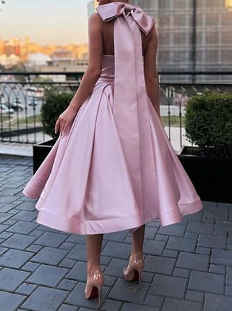 Pink Solid Sleeveless Backless Satin Bow Sweetheart Elegant A-Line Midi Ankle Length Evening Dress Wedding Guest Dress Homecoming Dress nv2512