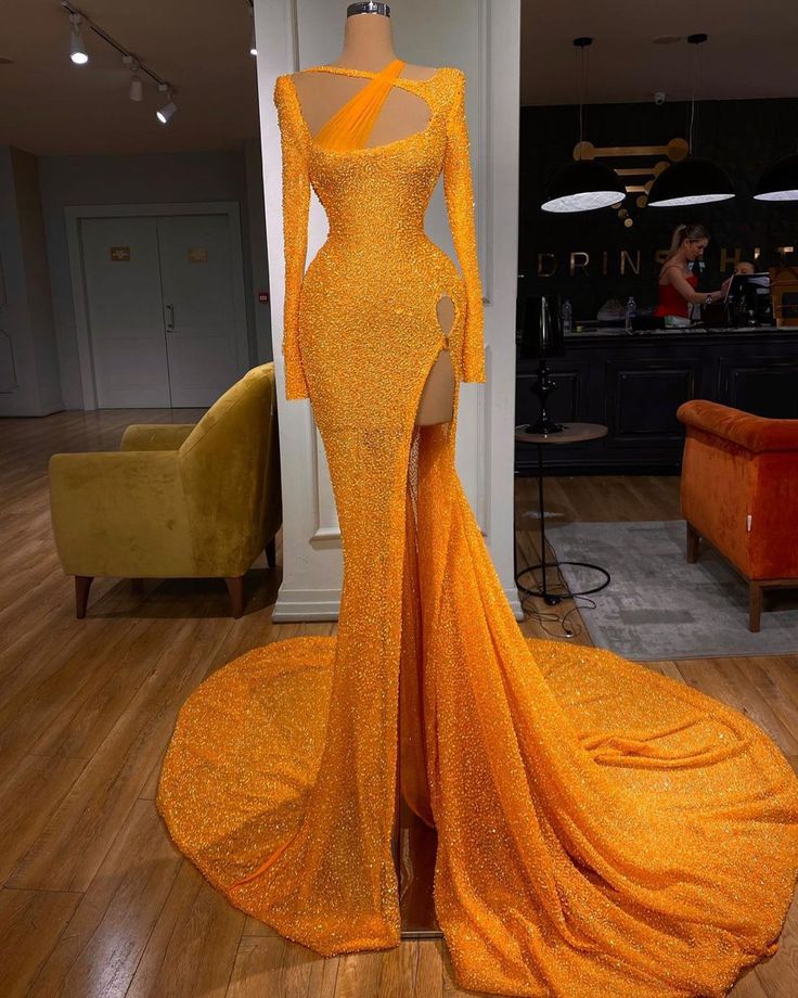 Orange Gorgeous Shiny Sequins Long Sleeve Long Train Side Slit Tulle Sexy Ball Gown Evening Dress Party Dress nv3260