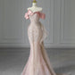 Robe de soirée longue en tulle rose et blanc à paillettes brillantes et queue de poisson pour sirène nv3250