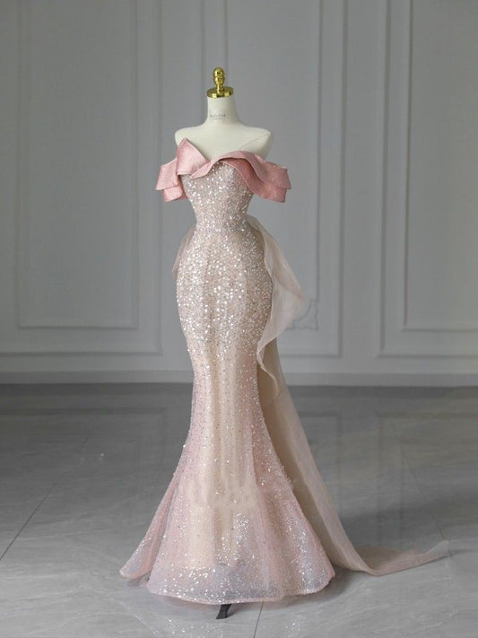 Robe de soirée longue en tulle rose et blanc à paillettes brillantes et queue de poisson pour sirène nv3250